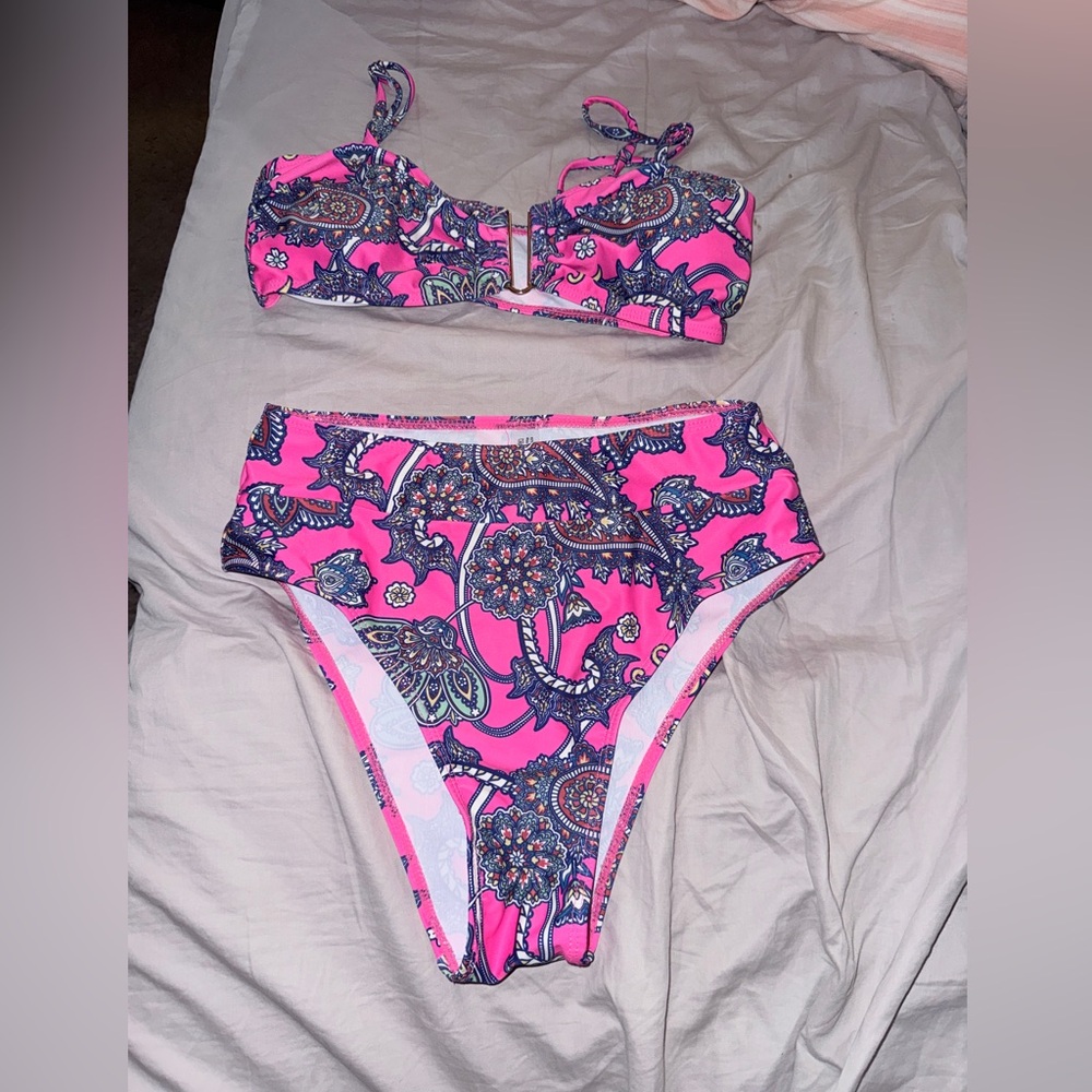 SHEIN Pink Paisley High-Waist Bikini Set
